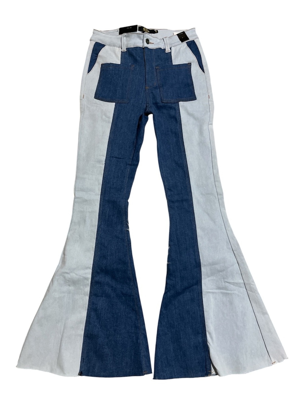 Two-Tone Blue Patchwork Flare Jeans - Women